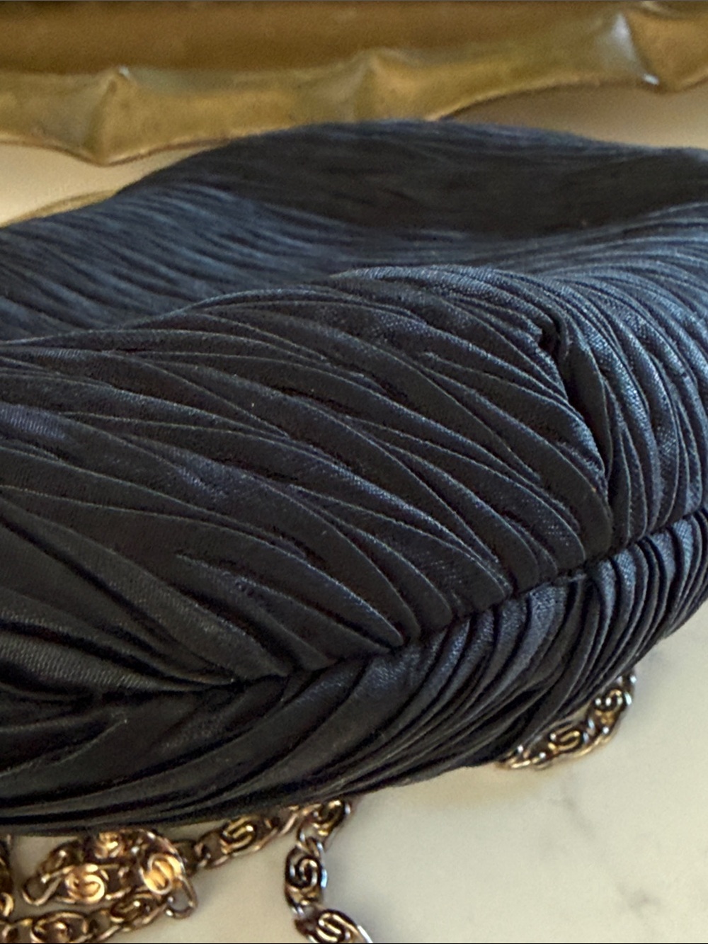 Carla Marchi Classic Black Satin Evening Bag Accordion Pleat Crystal Gold Clasp - Picture 5 of 8